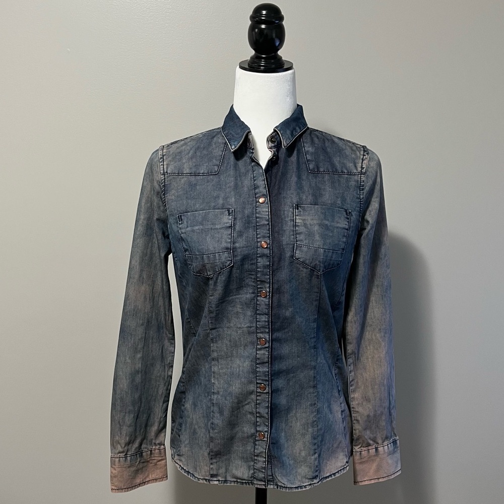 Sandwich Bleached Denim Long Sleeve Snap Front Shirt
